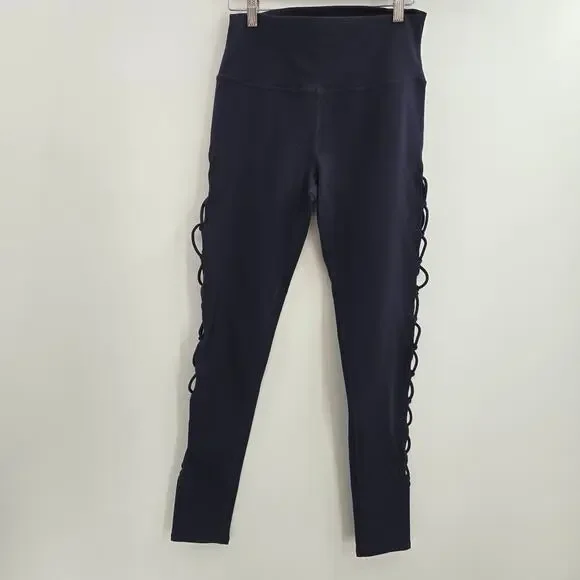 Alo Yoga Womens High Waisted Interlace Criss Cross Cutout Leggings Blue Size L - Picture 3 of 8